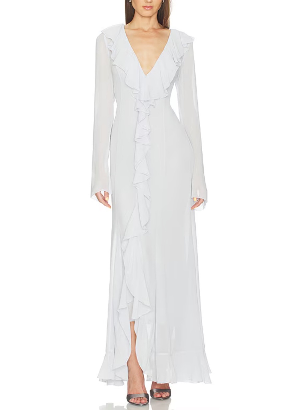 Elegant Blue Ruffled V-Neck Maxi Dress